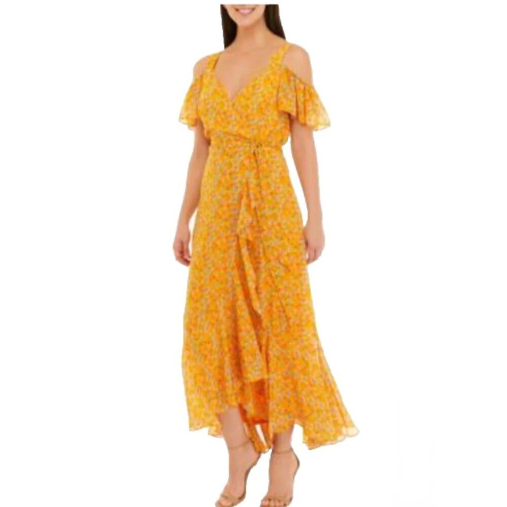 Maison Tara Short Sleeve Cold Shoulder Crepe Ditsy Floral Maxi Dress Sz 18